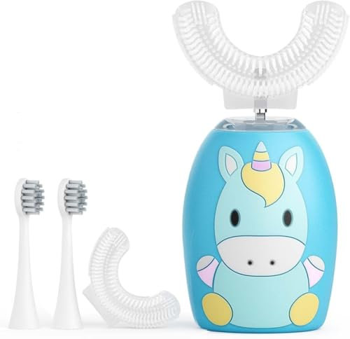 Spazzolino elettrico per bambini a forma di U, spazzolino da denti automatico ad ultrasuoni a 360 gradi con 4 testine morbide, timer, 2 modalità, impermeabilità IPX7 (blu)