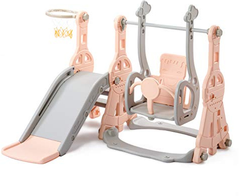 4-in-1 Kinderrutsche mit Schaukel & Basketballkorb, Indoor & Outdoor Rutschenset für Kinder mit Treppe, Spielplatz für Kleinkinder ab 1-6 Jahre, Rosa (Rosa)