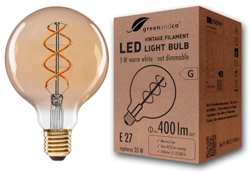 greenandco® LED vintage glödtråd glödlampa bärnsten ersätter 35W E27 G95 5W 400lm 2000K (extra varm vit) 360° 230V glaslampa, inte dimbar