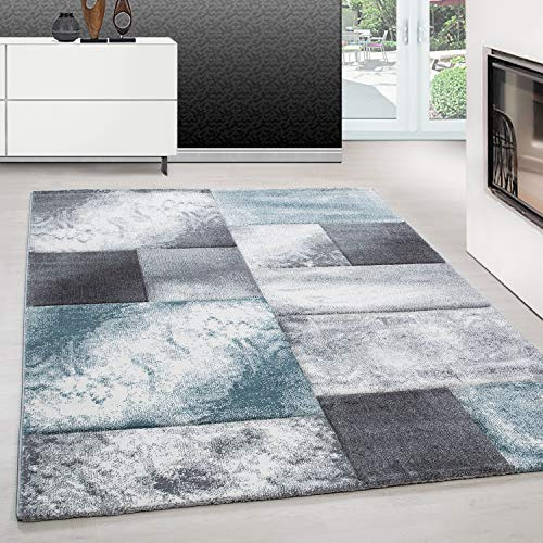 Teppium Moderner Kurzflor Teppich Wohnzimmer 120 x 170 cm Blau - Konturenschnitt Teppich Waschbar, Kariert Design, Pflegeleicht und Weich - Ideal für Schlafzimmer, Esszimer und als Küchenteppich