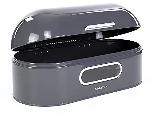 Calitek Retro Bread Bin Storage Box Round Top Kitchen Counter Loaf Pastries Baked Goods Container Coated Carbon Steel (Grey)