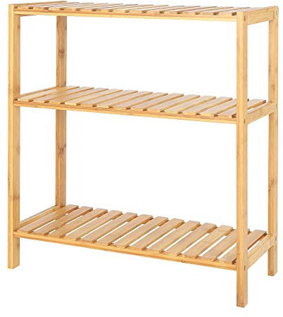 dibea Schuhregal mit 3 Ablagefächern Schuhschrank Badezimmerregal Wohnzimmerregal Standregal Bambusregal Badregal Bücherregal Küchenregal 60x26x66 cm, naturfarben, Natur