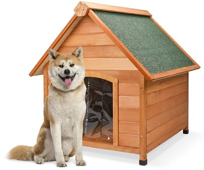 AQPET Cuccia per Cani in Legno XL/XXL da Esterno con Tetto Spiovente Impermeabile e Tenda Termica, Casetta Cane Isolata per Interno ed Esterno, Resistente alle Intemperie, 91x126x104h cm
