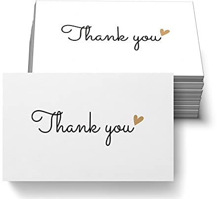 RXBC2011 100 Little Thank You Cards Gold Heart Design Bulk Thank you Notes for All Occasions Standard Business Card Size 3.5 x 2 inches white