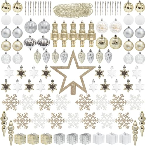 101 pièces Ornements d'arbre de Noël Ensemble de Boules Champange et Blanches et Argento Complet en Plastique Anti - bris Inclus Couronne Boule Flocon de Neige étoile Sapin cône Perle Guirlande