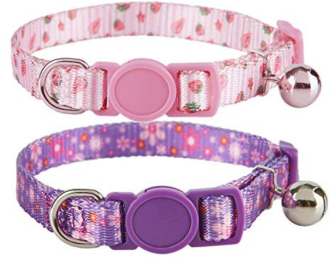 YUDOTE Cat Collars Pack of 2, Colorful Printed Basic Strong Girls Cat Collar Quick Release with Removeable Bell, Pink Purple
