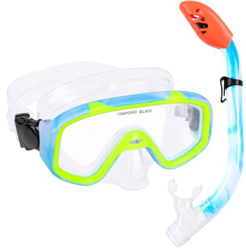 Kids Snorkel Set, Children Anti-Fog Diving Mask Swimming Goggles Semi Dry Top Snorkel Equipment Snorkeling Packages Swimming Gear for Youth Boys Girls Age 5-10 (Blue Yellow)