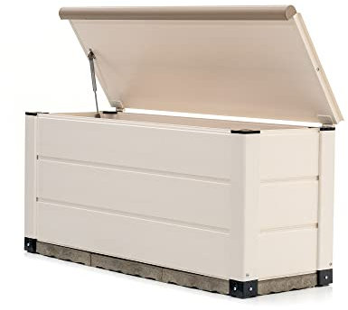 Gardiun Tuscany Evo - Caja de jardín para exteriores con capacidad de 230 L, 123 x 47 x 57 cm, de resina, con amortiguador y suelo, 4,5 cm, color blanco y beige