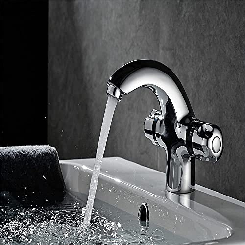 OKUOKA Washroom Bathroom Sink Mixer Taps Wash Basin Brass Thermostat Cold and Hot Water Double Handle Kitchen Sink Taps Basin Mixer Tap Basin Faucet