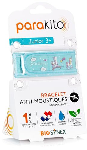 PARAKITO - Bracelet Anti-Moustiques Réutilisable - 2 Plaquettes Incluses aux Huiles Essentielles - 1 Mois de Protection - Sans DEET - Taille Junior 3+ (Licorne)