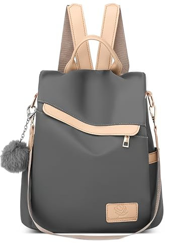 DEEVORCA Mode Damen Rucksack Anti Diebstahl Tagesrucksack Elegant Wasserdicht Schultertasche mit Süßem Pompom-Anhänger Schulrucksack für Reisen Urlaub Täglich Damen Leichtgewicht Handtasche Grau