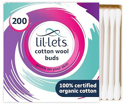 Lil-Lets Cotton Wool Buds, Certified Organic, 100% Pure Cotton Wool Tips, Durable Paper Stems, Plastic Free Cotton Buds, Dermatologically Tested, Pack of 200