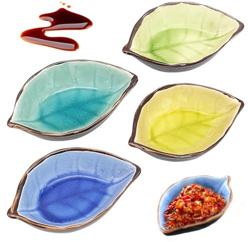 Cisolen 4 Stück Keramik Saucenteller in Blattform Soßenschalen Mini Schale Dipschälchen Vorspeise Dessertschalen für Saucen Gewürze Desserts Obst Snacks
