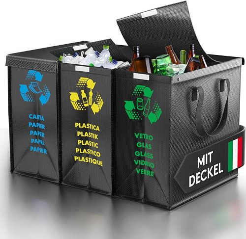 PTMS® Borse Raccolta Differenziata con COPERCHIO - 3 Bidoni Differenziata da Interno ed Esterno per Carta, Plastica e Vetro - Set Bidoni per Raccolta Differenziata in Colore di Riciclaggio