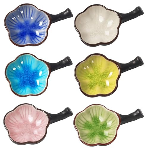 6 Stück Keramik Dipschalen, Blume Form Dip Schälchen mit Griff, Kleine Beilagen Saucenschälchen für Sushi, Vorspeisen, Ketchup, Sojabohnen, Sojasauce, Essig (11.7x7.5x1.8cm)