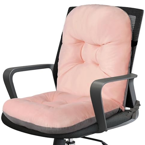 FlyGulls Small Office Chair Cushion with Back Elastic Belt, Light Pink | 8 cm Thick, Reversible, Plush Crystal Velvet, with Ties, Anti-Slip, Tufted, for Dorm Desk Back Support, 40x40, One-Piece