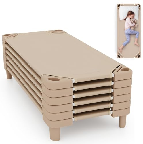 Maxmass Kids Stackable Daycare Cot, Lightweight Children Naptime Cot with Easy Lift Corner and Detachable Oxford Cloth, Toddlers Sleeping Bed for Preschool (Beige, 130 x 58 x 15cm- 6pcs)