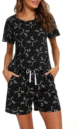 MIA LUCCE Pijama corto de algodón para mujer, ropa de dormir de dos piezas para mujer, conjunto de pijama de verano, traje de casa con estampado dulce parte superior y pantalón corto de dormir con