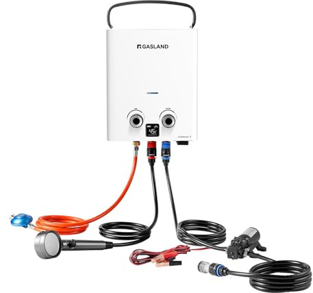 GASLAND Calentador de agua de gas G5 Pro-DE, de propano/butano (50 mbar) para exteriores, calentador de agua caliente con batería recargable incorporada, ducha caliente para camping