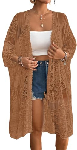 Qianderer Kimono da donna in pizzo copricostume estivo da spiaggia con maniche a 3/4 aperto sul davanti, in rete velata, cardigan kimono all'uncinetto, Caffè Ba, Etichettalia unica