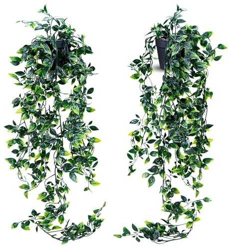 JEY PRODUCTS 2pc Hanging Plant Decorative Artificial Plants in Pots- Small Plastic Fake Plants Indoor with Pot - Eucalyptus Rosemary Succulents Mini Faux Plants for Wall Desk Bedroom Decoration
