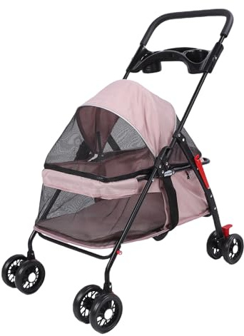 4 Roues Porte-Animaux de Compagnie, Poussette de Jogger de Cage de Chat pour Chats Pliables avec Couvercle Solaire, Porte-tasse, Pad et Sac de Rangement Arrière, Maille