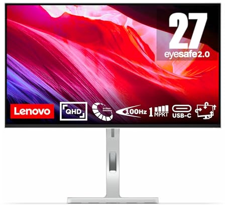 Lenovo L27h-4A Monitor 27 QHD (2560 x 1440), IPS, 1ms MPRT, 100Hz, Regolabile, Porte HDMI 2.1 + DisplayPort 1.4 + USB-C, Cavo USB tipo C incluso - Cloud Grey