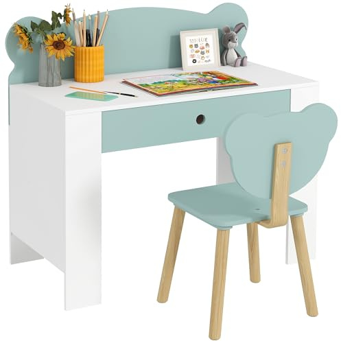 AIYAPLAY Bureau Enfant avec Chaise, Table Enfant et Chaise avec tiroir et Large Plateau, Forme d'ours, Table pour l'étude, Le Travail et l'écrire, garçon Fille 3 à 8 Ans, 80 x 41 x 74,5 cm, Vert