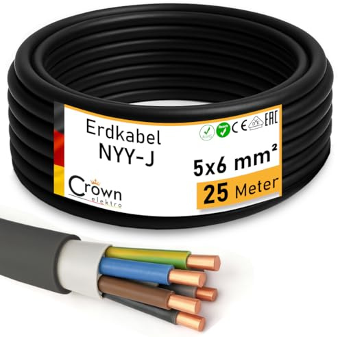 NYY-J 5x6mm² Erdkabel 25m - Elektrokabel Ring für Verlegung im Erdreich & Außenbereich | Kupfer Volldraht | DIN VDE 0276 Teil 603/627 | Deutsche Markenhersteller