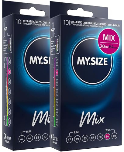 MY.SIZE Mix kondomer 64 mm 20 stycken – Storlek XXXL | Varianter: blå, röd med jordgubbssmak, räfflad, natur | Premiumkondomer | Tyskt varumärke | Tjocklek 0,07 mm | av naturgummilatex
