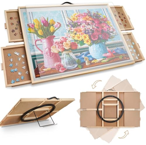 1 000 delar, 2-i-1-pusselbräda med lutnings- och vridfunktion, ca 76,6 x 57 cm, justerbart pusselbord med 4 lådor och transparent skydd, present till mamma