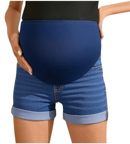 Maternity Jean Shorts Over Bump UK High Waisted Pregnancy Jeans Roll Up Denim Pants Soft Stretchy Belly Support Bottoms Outdoor Lounge Short Trousers Slim Joggers Maternity Clothing
