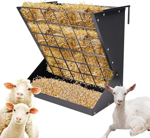 Grand Râtelier à Foin 2 en 1 pour Moutons et Chèvres avec Râtelier à Nourriture, Hay & Grain/Salt Feeder en Métal, Ratelier à Nourriture pour Chevaux avec Grille de Conservation de Aliment (Noir)