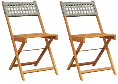 HFXHIJXQ Lot de 2 Chaises de Bistrot Pliantes en Bois d'Acacia Massif et Résine Tressée Grise, Fauteuils de Jardin sans Accoudoirs Gain de Place pour Terrasse, Balcon et Patio