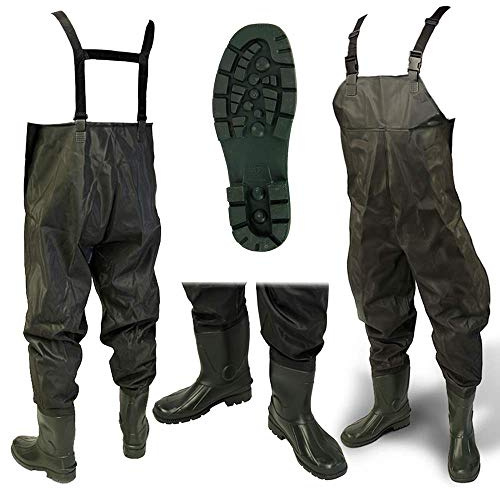 DNA NEW 100% Waterproof Lightweight Green PVC Carp Coarse Fly Fishing Chest Waders with Elasticated Quick Release Buckle Suspenders and High Grip Boots/Wellies in (Size 46)