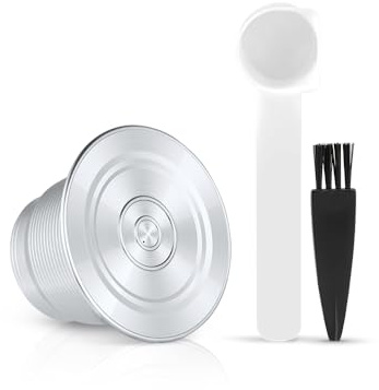 Nepresso kaffekapslar, rostfritt stålkopp, återanvändbar metall, påfyllningsbara kapslar för hem, kaffemaskin, silver (borste och sked ingår) Capsula
