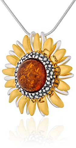 AMBEDORA Collana da donna in argento 925 argento ossidato dorato 14k ambra baltica rotonda in color cognac ciondolo girasole su una catena a serpente pronto per un regalo