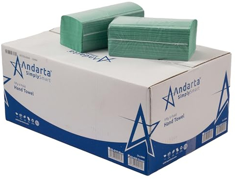 Andarta - 1Ply Green V-Fold Hand Towels - Bulk Box of 5000 (20 Inner Packs of 250 Towels) - Soft, Strong and Highly Absorbent - Controlled Dispensing - Disposable Hand Towels