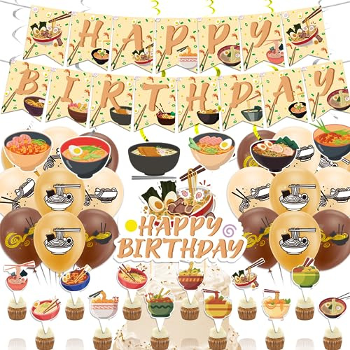 Décorations d'anniversaire japonaises POMNUG Ramen avec bannière d'anniversaire, décoration de gâteau, cupcake toppers, ballons et spirales pour ramen