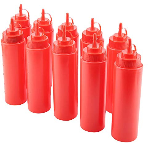 Gavigain Bottiglia Squeeze di Plastica,10 Bottiglie da Spremere da 720 Ml, C Per Salsa, Bottiglie Per Condimento con Coperchio, Bottiglia Dispenser in Plastica Per Olio, Crema, Aceto(Rosso)