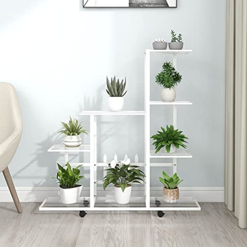 Homgoday Étagère à fleurs sur roulettes - Étagère pour plantes - Étagère pour plantes - Escalier de fleurs - Étagère pour salon, jardin, balcon - 94,5 x 25 x 92,5 cm - Métal blanc