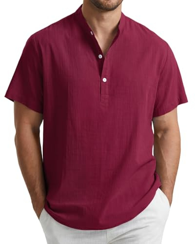 Enlision Camicia Bordeaux Uomo Lino e Cotone Maglietta Coreano Uomo Manica Corta Serafino Estivo Eleganti Casual Ampia vestibilità T Shirt Taglie Forti 3XL