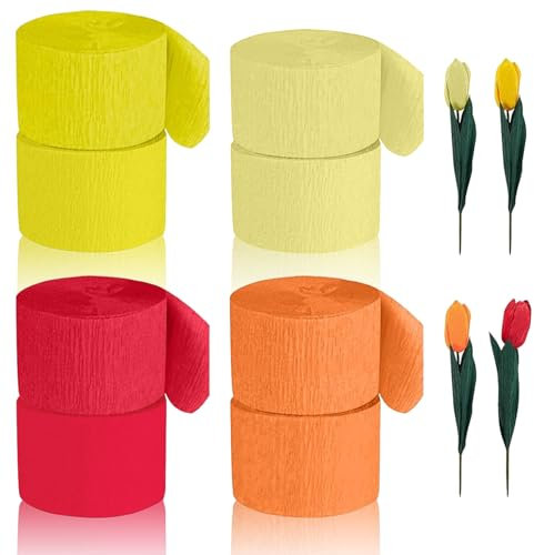 Crepe Papier, 8 Rollen Krepppapier Bunt Bastelkrepp Floristenkrepp Kreppbänder Luftschlangen Dekorationen für Party Deko Hochzeitsdeko, Rot Orange Gelb Hellgelb 4.5cmx25m