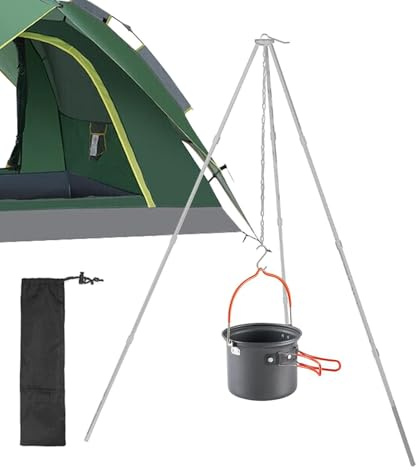 Equipo de camping Trípode de cocina – Soporte de trípode de aleación de aluminio, estante de almacenamiento, soporte retráctil para olla colgante | Soporte para hoguera de aleación de aluminio, cadena