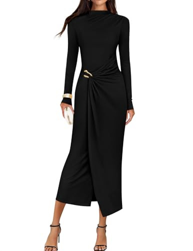 ZESICA Women's 2026 Spring Long Sleeve Bodycon Dress Mock Neck Wedding Guest Cocktail Party Long Midi Dresses Black Small