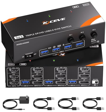 KVM Switch 3 Monitors 3 Computers 8K@60Hz/4K@120Hz, HDMI DP KVM Switches for 3 PC Sharing Triple Monitor and Keyboard Mouse with Power Adapter, Wired Extend Controller and USB3.0 Cables