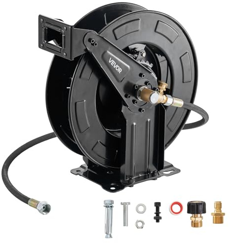 VEVOR Enrouleur de Tuyau pour Nettoyeur Haute Pression 15,2 m x 9,5 mm, Dévidoir Rétractable Acier, Montage sur Mur, Sol, Pression 275,8 bar, Enroulement Automatique pour Lavage Voiture, Sol, Jardin