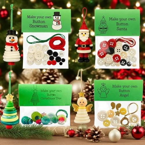 DIYs Button Christmas Ornament Kit, Christmas Button Ornament Making Set, 4cps Buttons Art C-hristmas Tree Decoration, Funny Snowman Angel Buttons Art Hanging Decoration