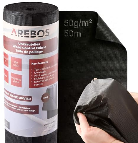 AREBOS Toile Anti-Mauvaises Herbes 50 g/m² – perméable à l’Eau, résistante à la déchirure, stabilisée UV | Toile de Sol pour parterres, allées et Gravier 1x50 m