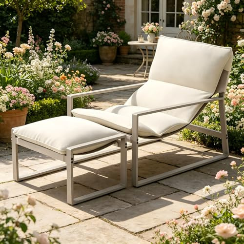ALAULM 2-Piece Outdoor Lounge Chair, Garden Furniture Set with Ottoman, Breathable Textilene Mesh Fabric & Sturdy Metal Frame, Weather Resistant Patio Conversation Set for Backyard,Balcony (Beige)